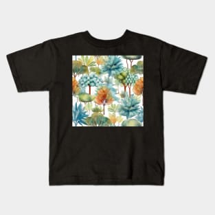 Pastel Oasis: A Serene Seamless Pattern of Trees and Plants in Soft Hues Kids T-Shirt